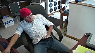 sexy guy with a cat smooth toned body and his big cock out