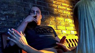 Horny blonde slut smoking while getting her pussy drilled