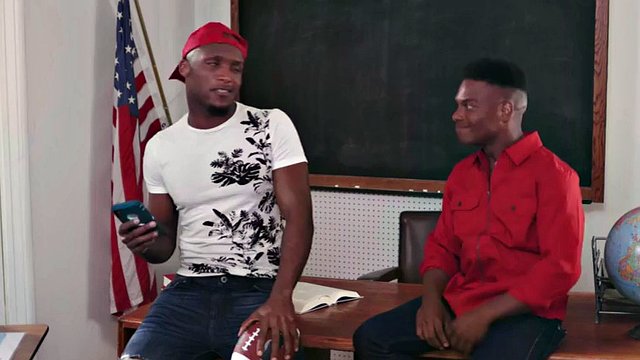 BBC stud fucks his college friend bareback in the classroom
