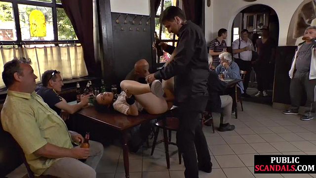 Horny slut pussybanged in public pub