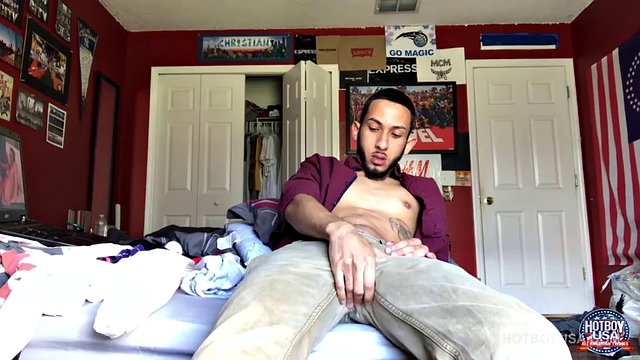 Handsome young Brian Bonerz is in his bedroom watching porn on the bed, as he begins to stiffen. Suddenly, a big dick comes out of his boxer fly, and he begins to stroke, while throwing time in time a look at the porn played on his laptop.