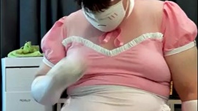 Chubby femboy in maid overalls cums