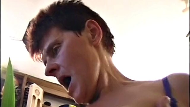 Ugly granny with boy haircut fucks handsome guy