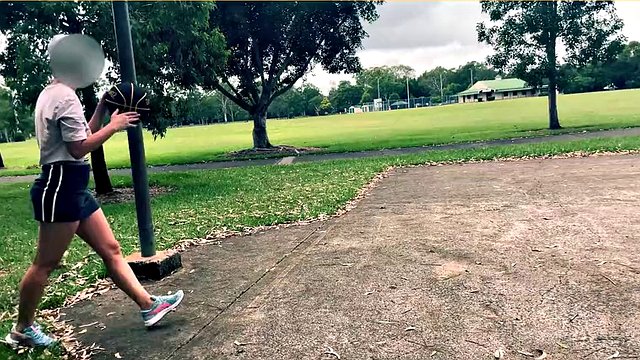 The wife dares to play basketball without bra and panties in a short skirt.