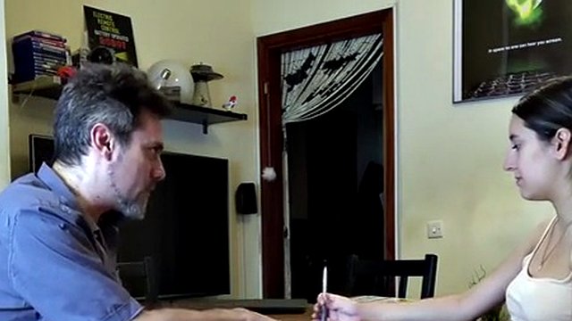 CFNM dirty talking teen jerks off and sucks cock for facial