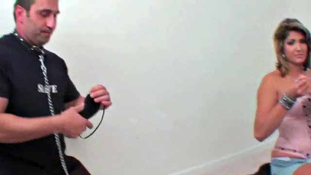 Blindfolded slave girl licking her femdom ass