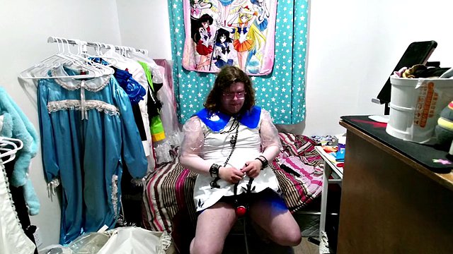 Shiny PVC Cosplay Sissy Lillie Gagged Breathplay Stinky Socks Vibrator