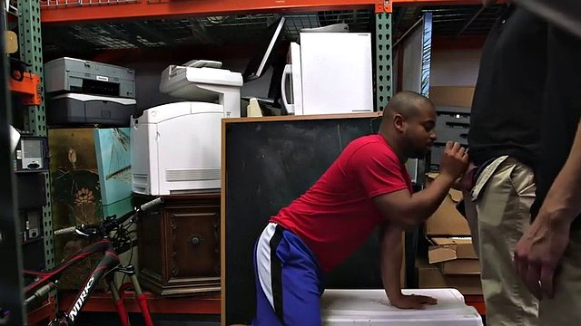 Black pawnshop gay bottomed in stockroom 3some by owners