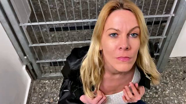 Pretty blonde female dog remote controlled in public!!