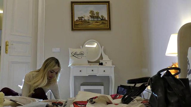 Cute Hot Tight Pussy Blonde in Red Pantyhose and Mini Skirt Takes Her Panties off to Flash Pussy and Ass