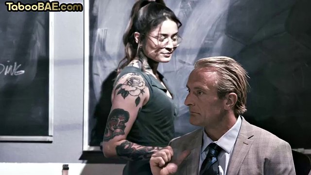 Tattooed college slut rides and deepthroats professor's cock