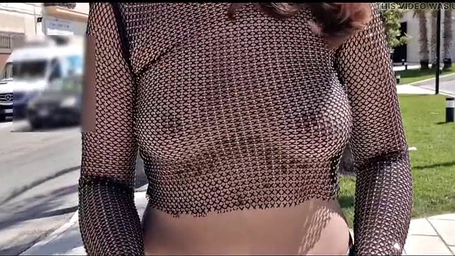 I flash my tits in a see-through blouse while walking around the city