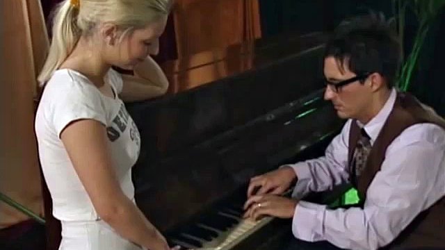 Cute German blonde, piano, shaved, swollen tits, BJ, CIM, licked