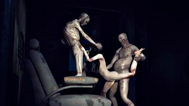 Una sexy ragazza infetta in cartone animato 3D affiancata da alcuni zombie