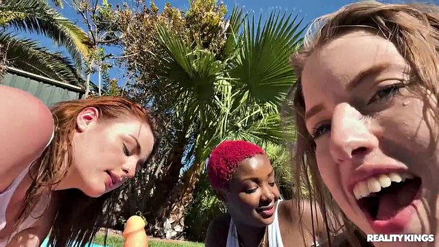 Busty BBW Abigaiil Morris, Octavia Red and Deja Marie Pound Pussies with Double Penetration in Public