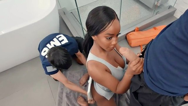 Emergency short guys fuck busty ebony babe in threesome