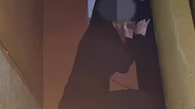 Company holiday party. Married woman kneels in the corner to suck cock