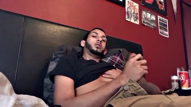 Brian Bonerz starts out in bed, with his pants pulled in just enough to release his big stiff cock and balls. He starts stroking then briefly stops to pull off one of the two shirts he's wearing.