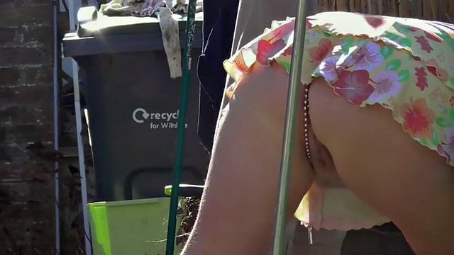 Horny baby takes her panties on the outside and shows pussy