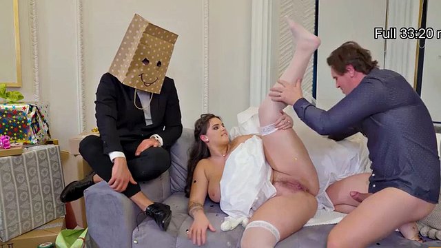 BRIDE4K. The bride spreads her legs in front of the wedding manager to ask for help